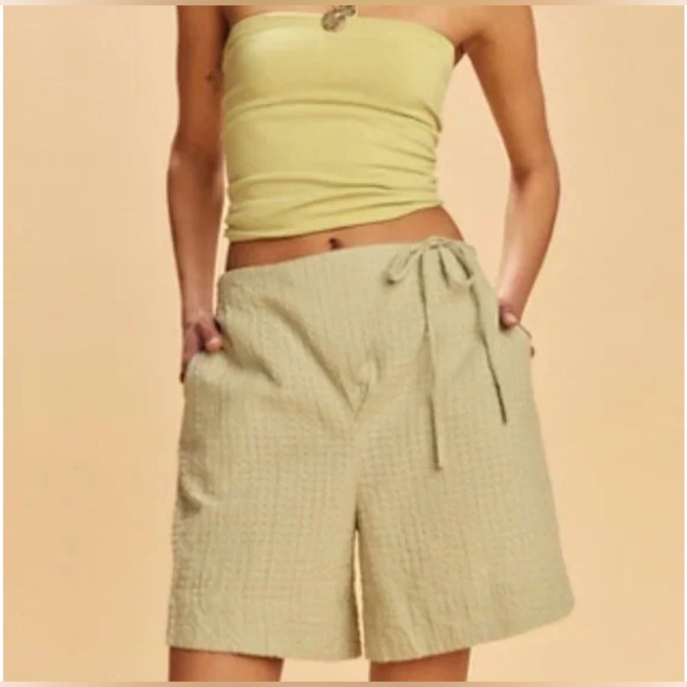 Free People Light Sage Green Drawstring Textured Shorts